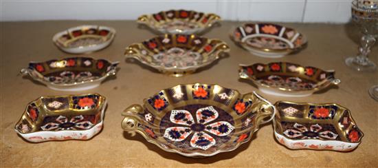 Seven Royal Crown Derby bon bon dishes and two similar pin trays, 5.5cm - 16cm